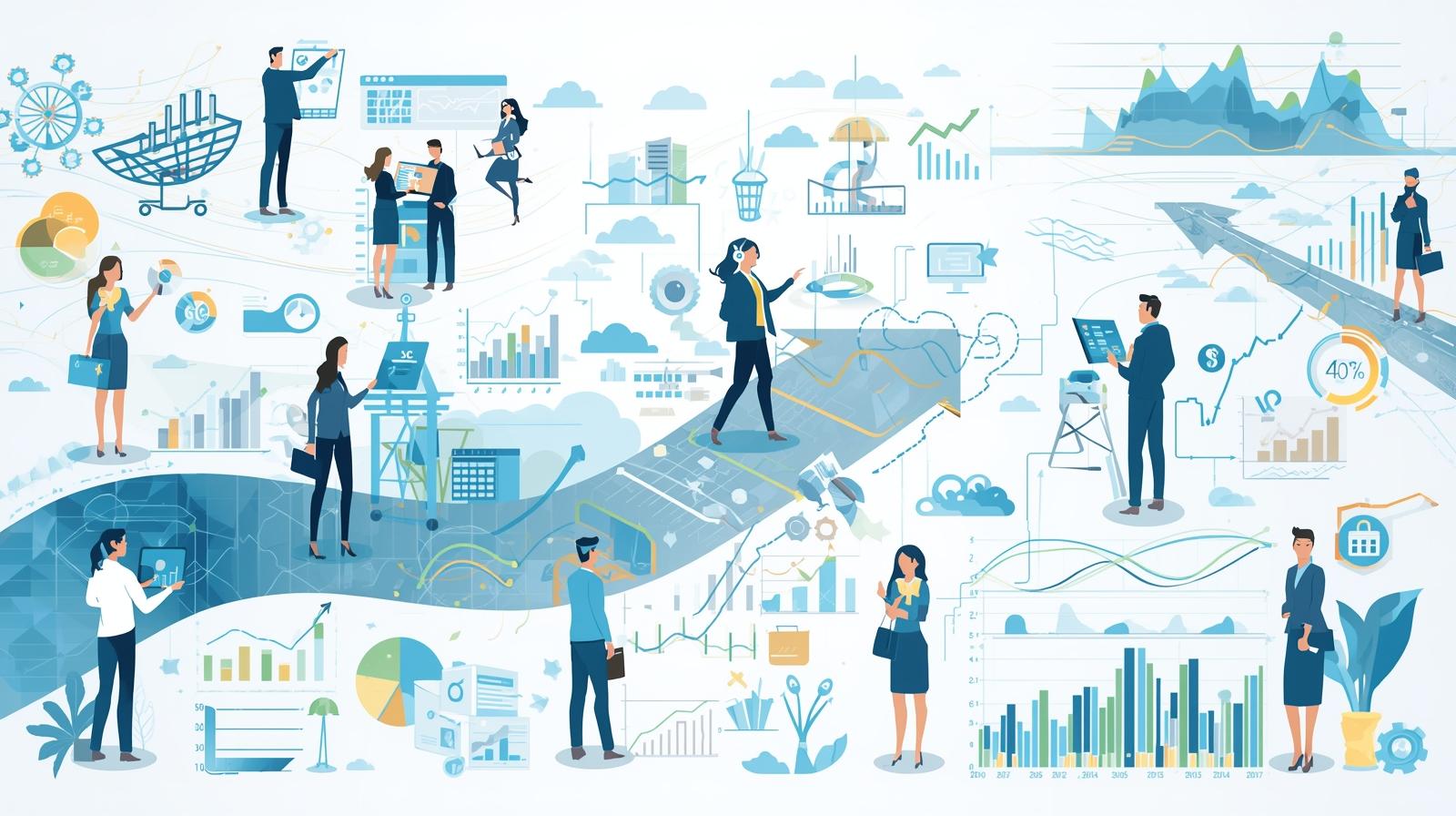 Business professionals analyze data and charts in a dynamic, abstract office environment.